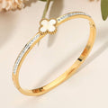 Stainless Steel Rhinestone Paved Quatrefoil Center Hinged Bangle Bracelet